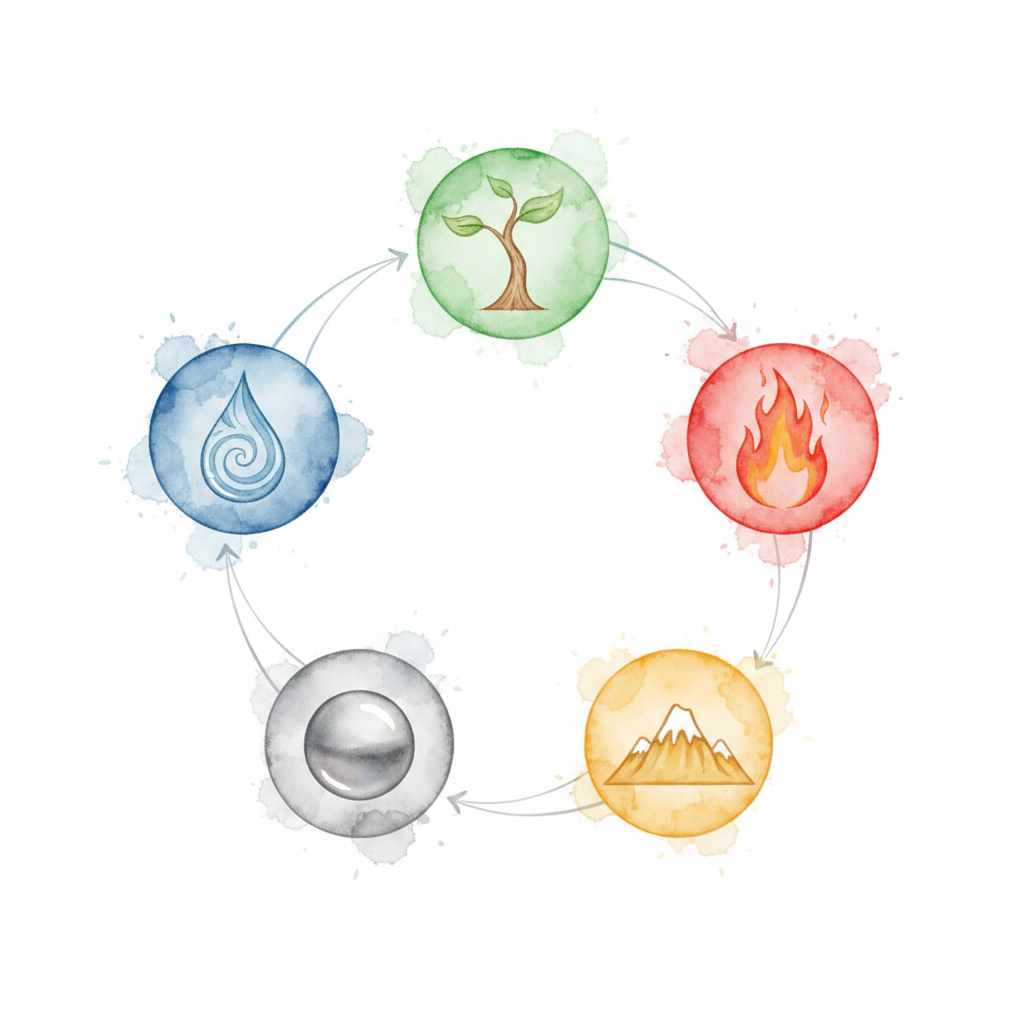 Sheng-Zyklus (Ernährungszyklus) der 5 Elemente: Wasser nährt Holz, Holz nährt Feuer, Feuer nährt Erde, Erde nährt Metall, Metall nährt Wasser